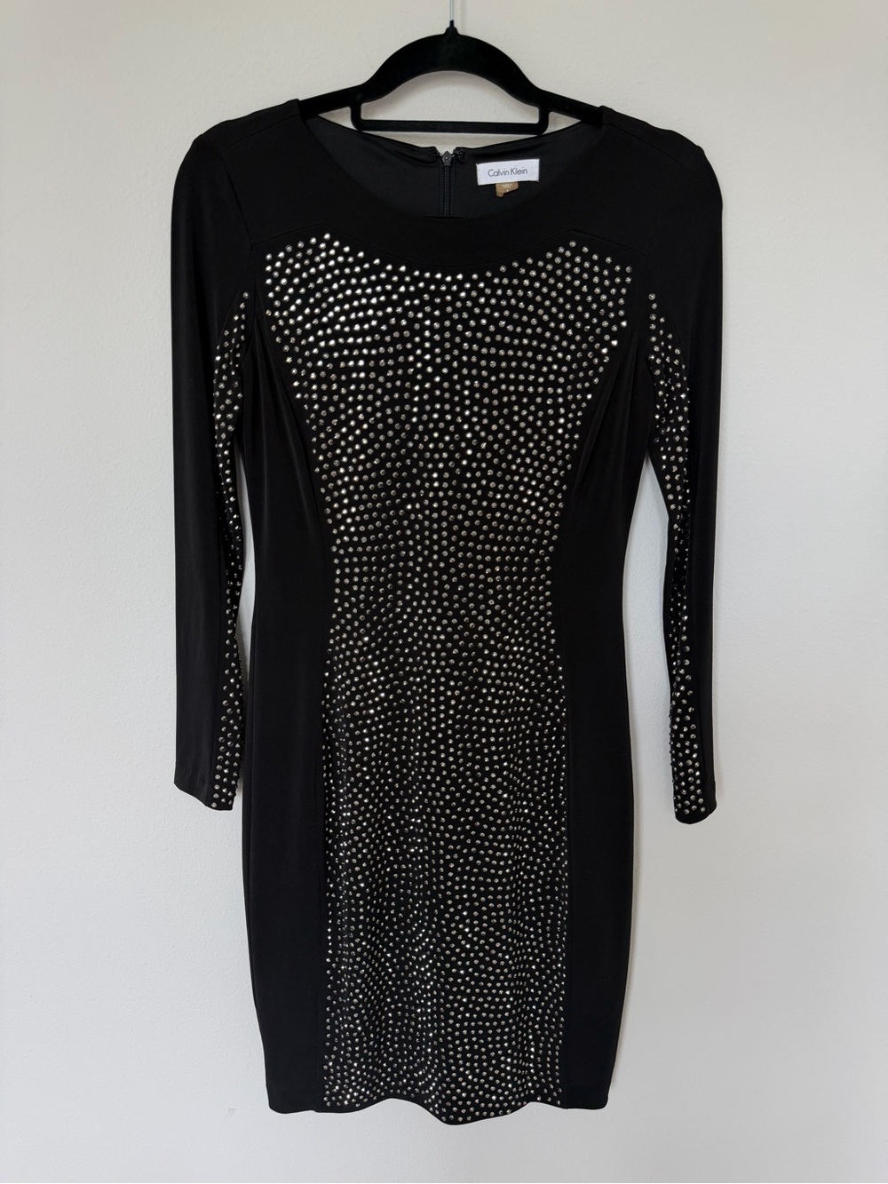 ✅ Calvin Klein Black Studded Long Sleeve stretch Sheath Dress size 2